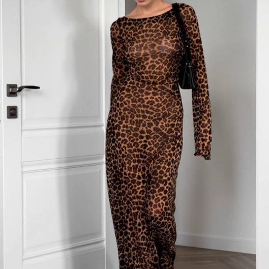 Stylish Leopard Print Off-neck Bell Sleeve Dress for Her