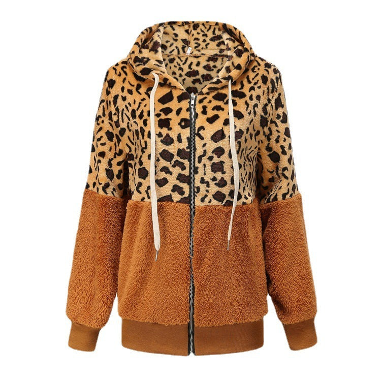 Women's Fashion Casual Leopard Print Stitching Thick Fleece Furry Sweater Hooded Top