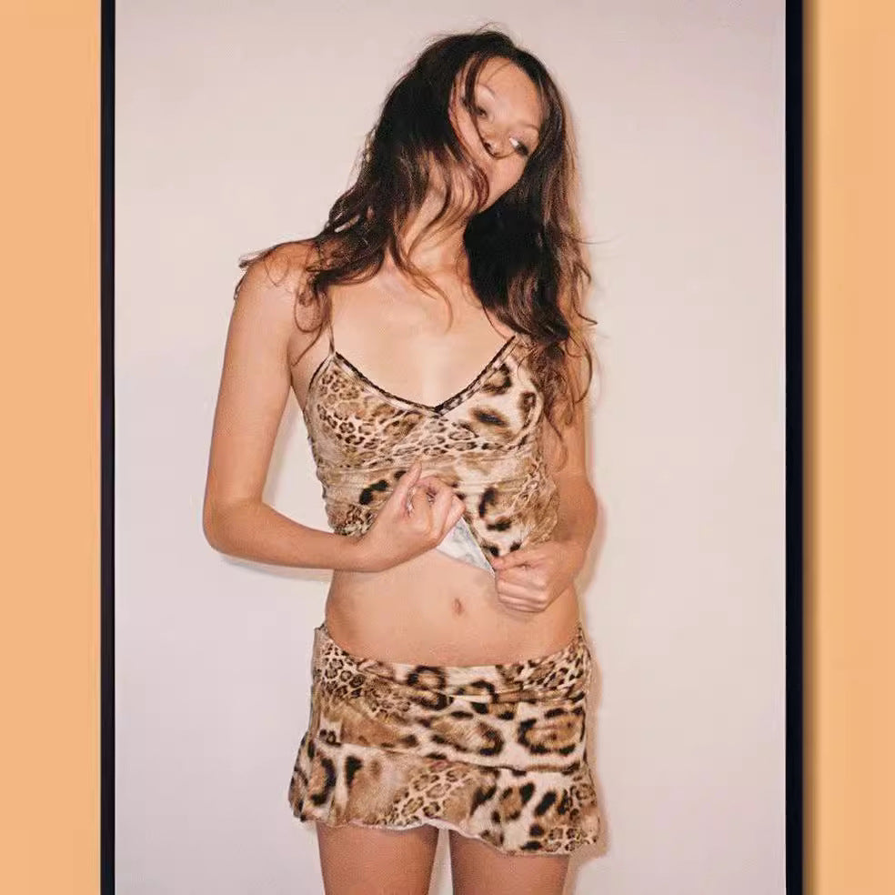 American-style Sweet And Spicy Leopard Print Short Skirt Suspender Top Women's Suit