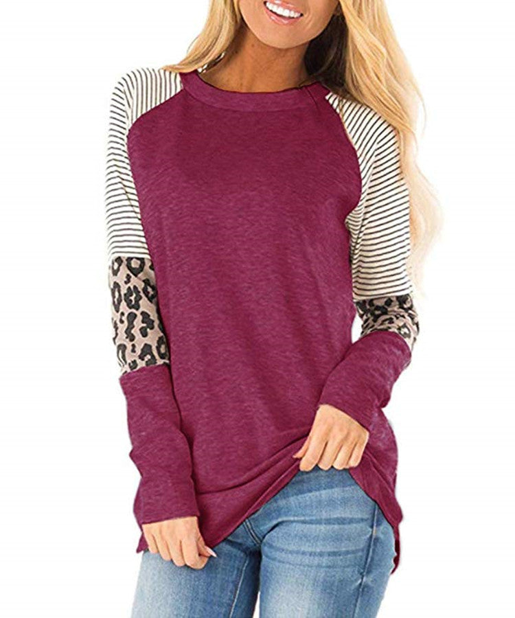 Langärmeliges Paneel Leopard style Lässiges T Shirt Top