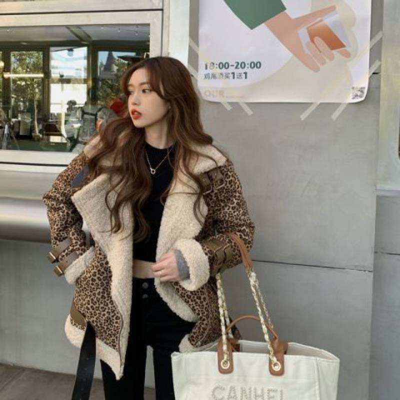 Leopard Print Coat Stitching Lamb Hair Lapel Thickened Long Sleeves