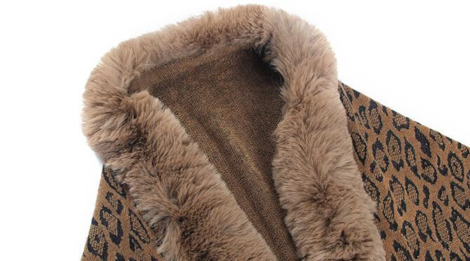 Women's Fringed Warm Leopard Print Fur Collar Coat
