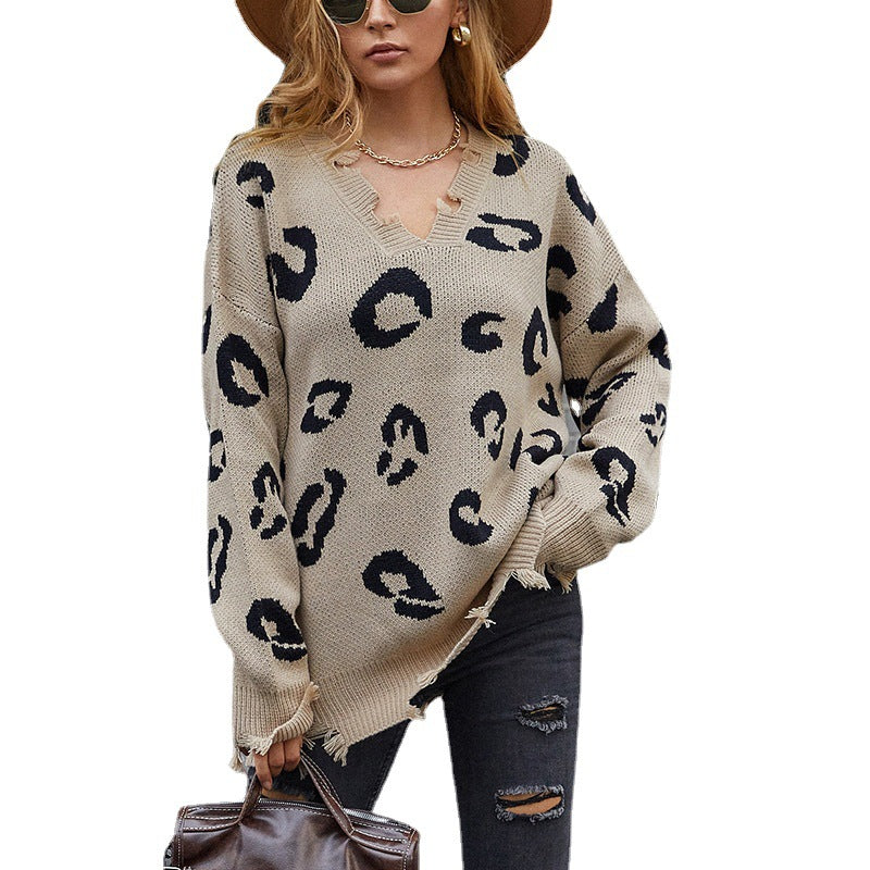 Women's V-neck Leopard Sweater