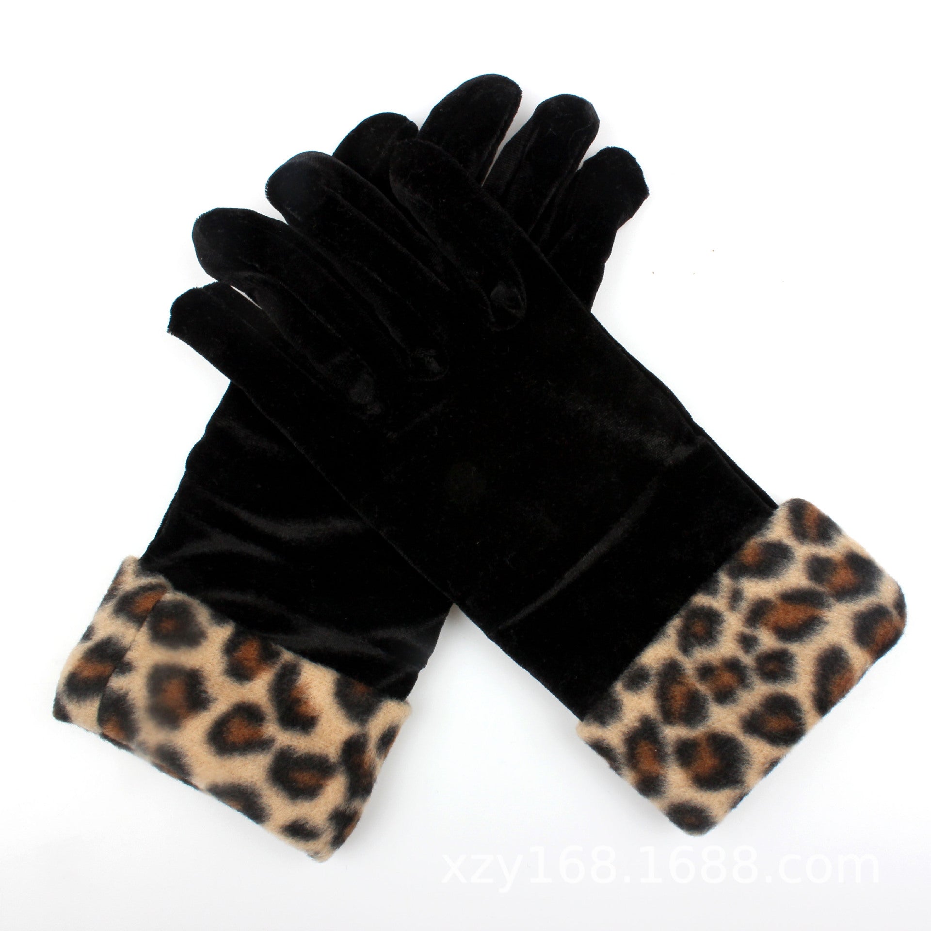 Damenhandschuhe aus goldenem Samt mit Leopardenmuster und Schraubverschluss