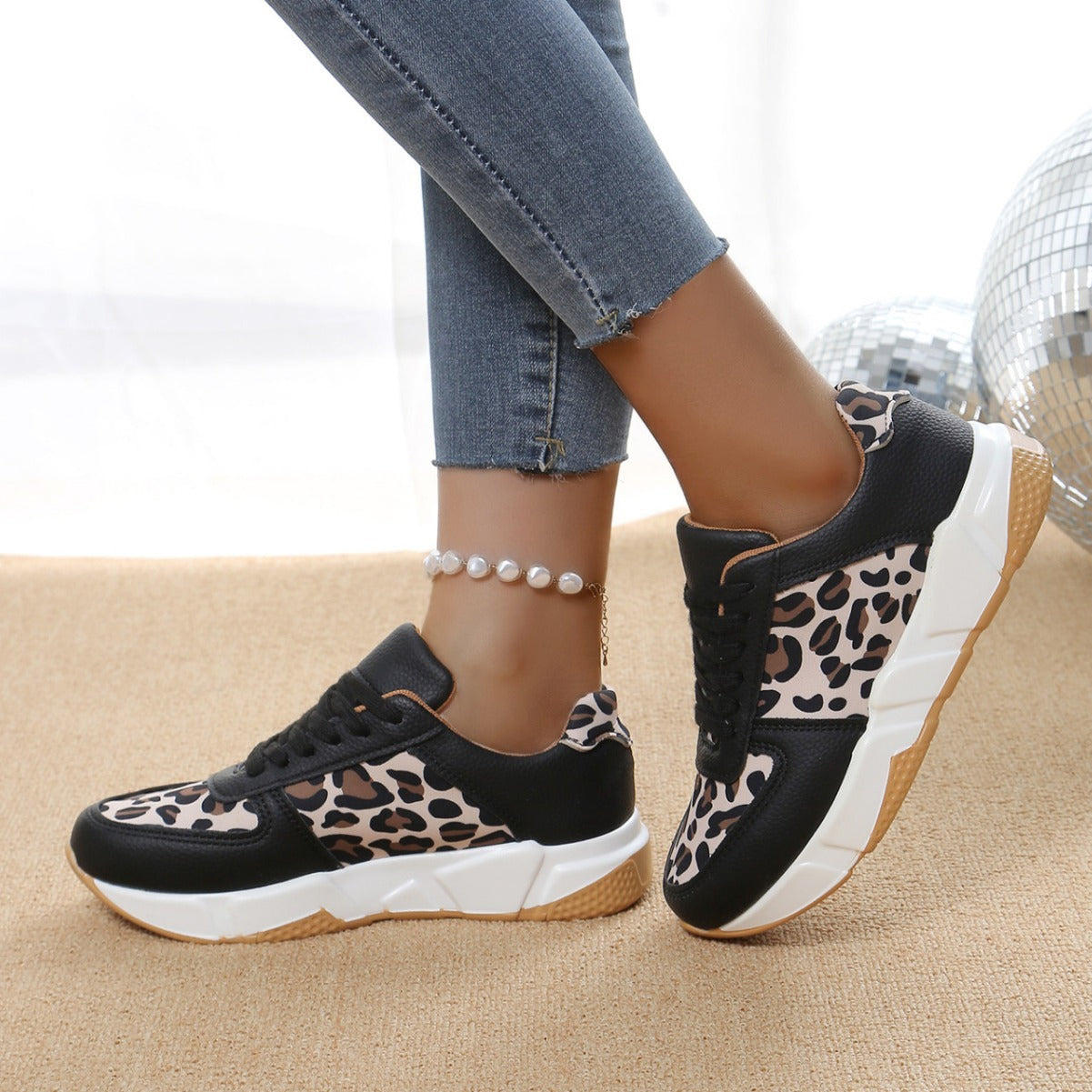 Leopard Print Casual Flache Schnürsenkel Sport Freizeitschuhe