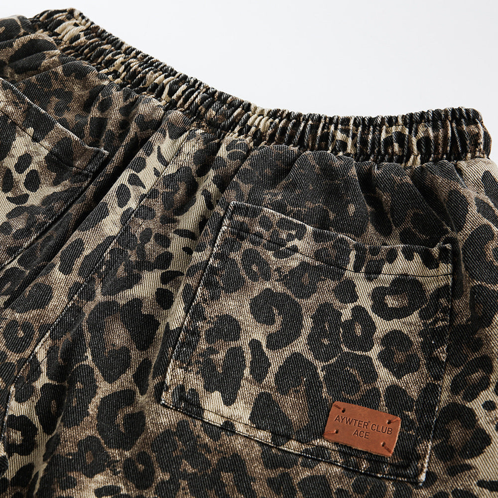 Ausgefranste Denim-Shorts mit Leopardenmuster für Männer Loose