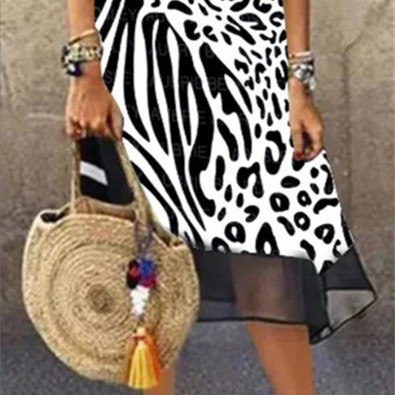 Damenmode Leopard Mesh Stitching Lose Plus Größe Kleid