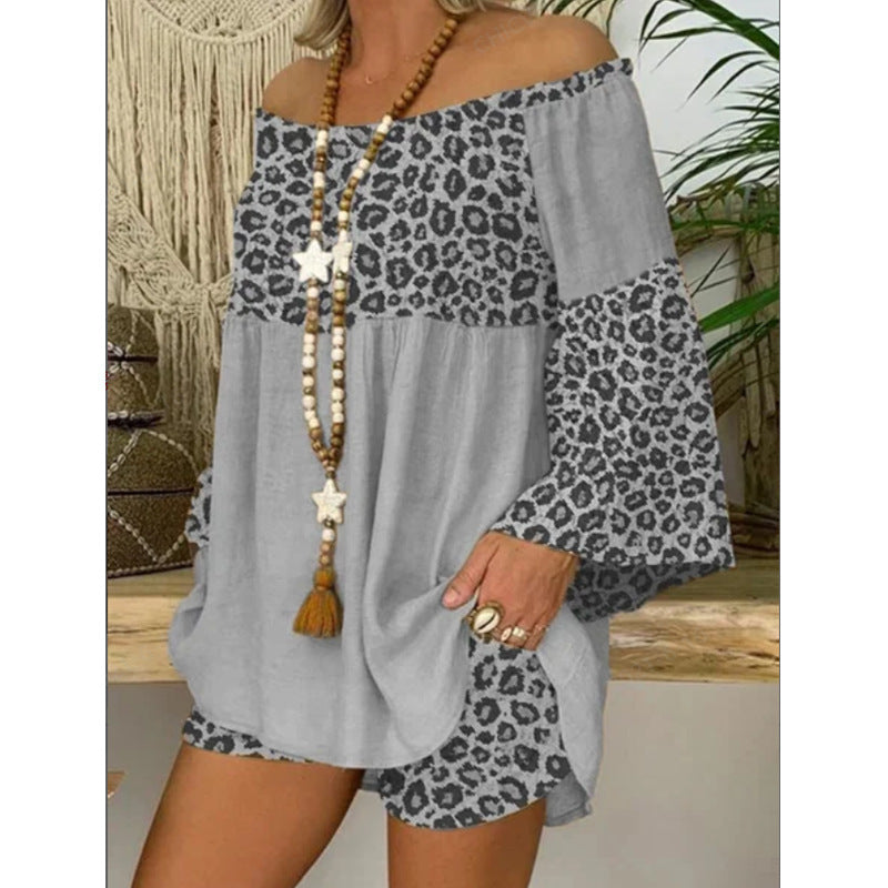 Damenmode Leopard Print Patchwork Lose Baumwolle Leinen Anzug