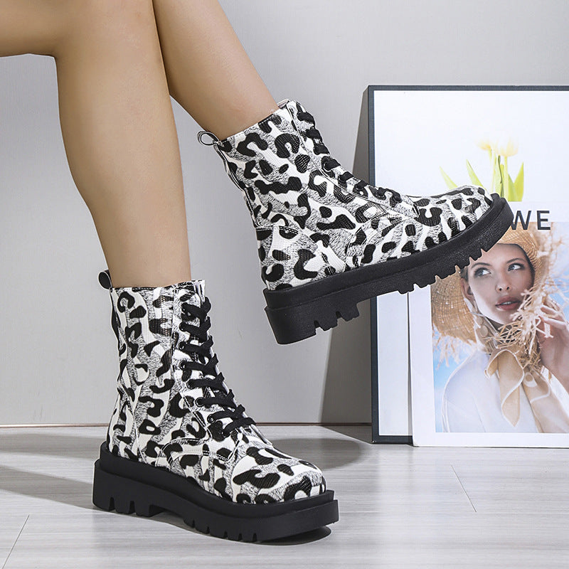 Frauen Martin Stiefel Schwarz Weiß Leopard Print Niedrig Heel Schuhe Cowgirl Stiefel