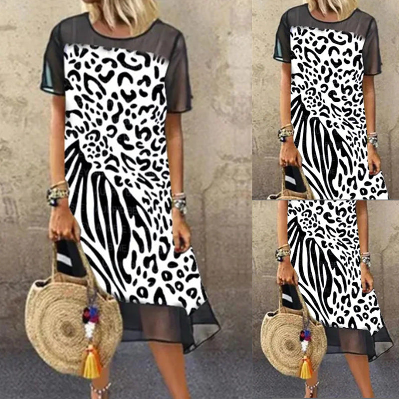 Damenmode Leopard Mesh Stitching Lose Plus Größe Kleid