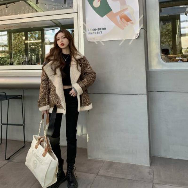 Leopard Print Coat Stitching Lamb Hair Lapel Thickened Long Sleeves