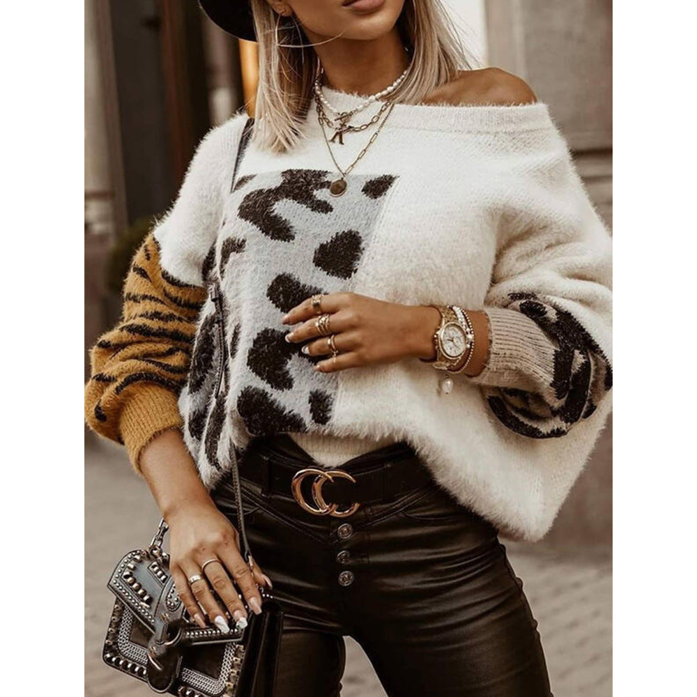 Leopard Print Long-sleeved Woolen Knitted Top Women Sweater