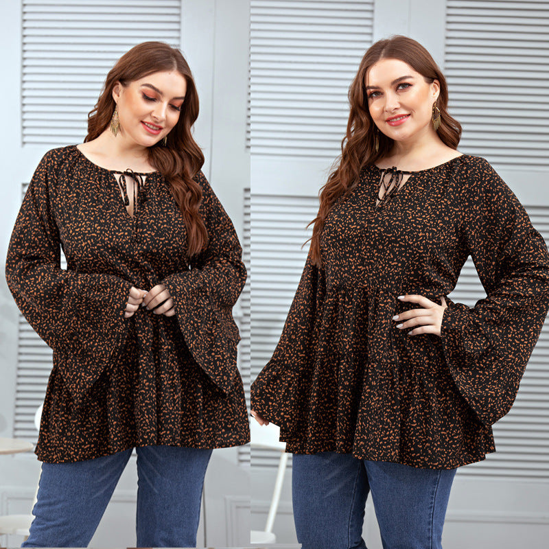 Lockeres Leopardenmuster Braunes Kleid Casual Plus Fat