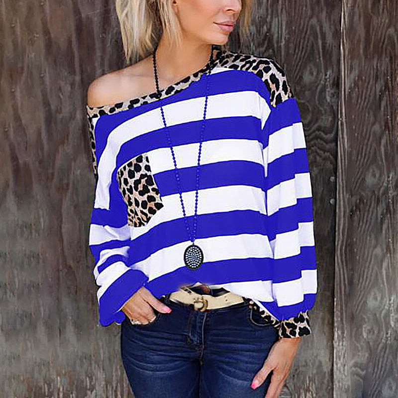 Printed Long Sleeve Stitching Leopard Print Pocket Loose Top