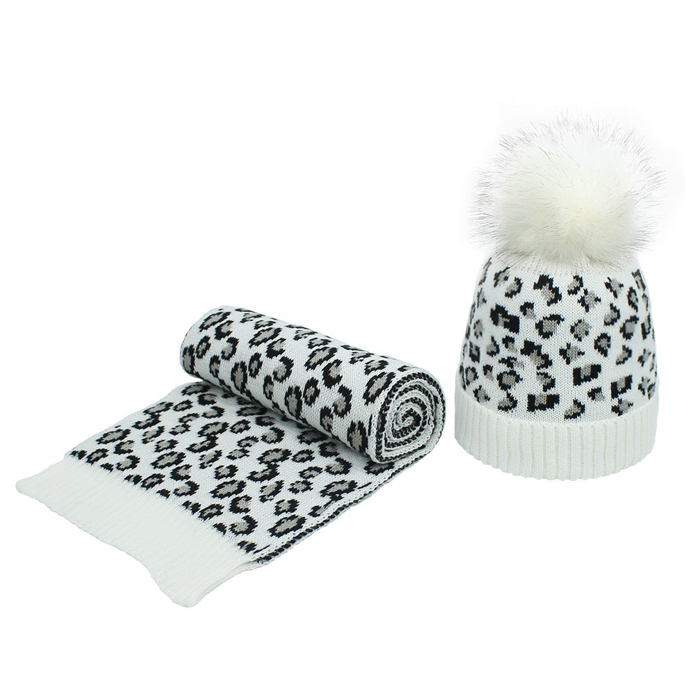 Frauen Herbst und Winter Leopard Print Haar Ball Hut Schal Set