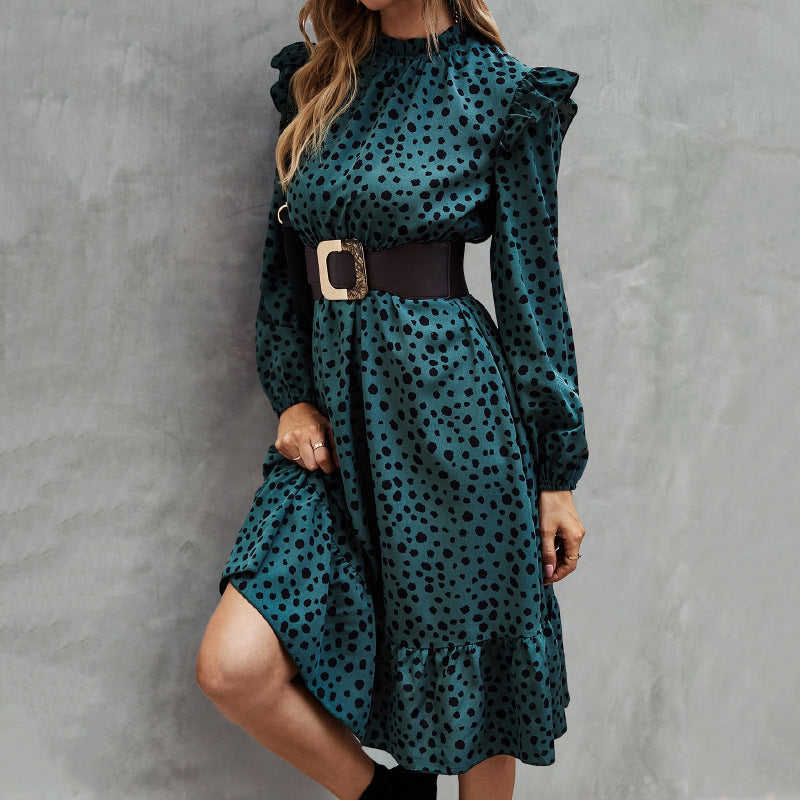 European And American Fashion Leopard Print High Waist Long Sleeve Casual Dress