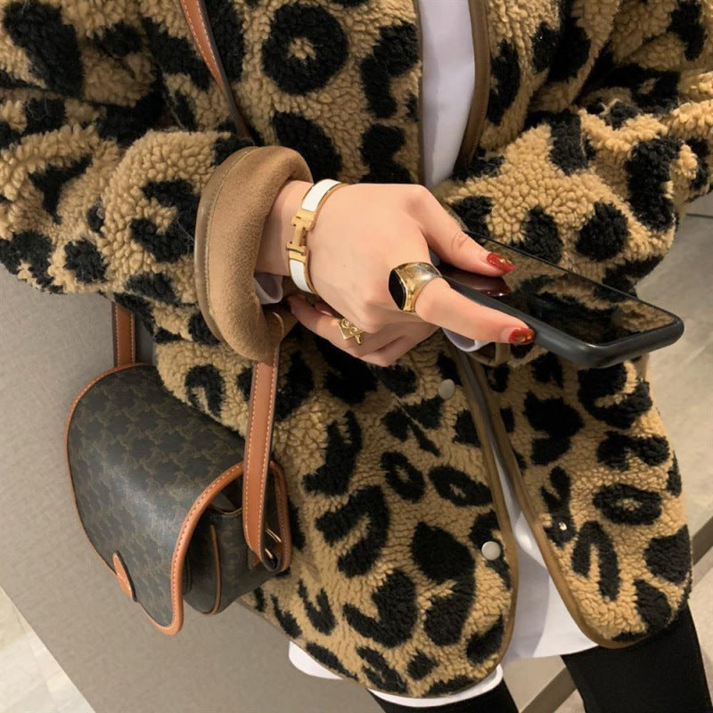 Casual Leather Leopard Print Coat Top