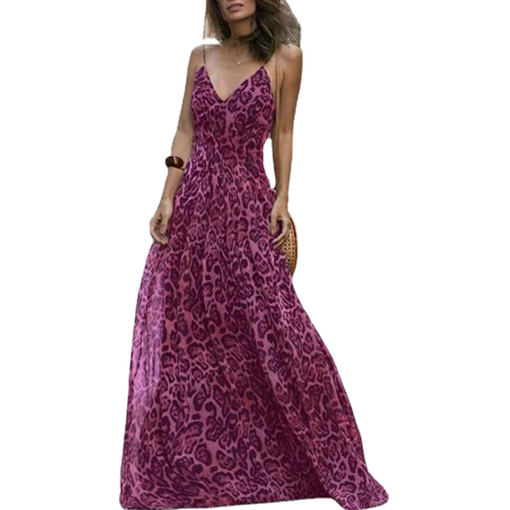 New Style Women's European And American Fashion Leopard Print V-neck Backless Dress With Suspenders