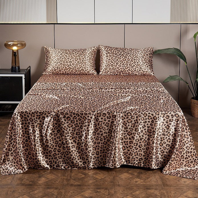 Satin Artificial Silk Printing Bed Sheet Fitted Sheet Pillowcase Digital Printing Silver Leopard Four-piece Set