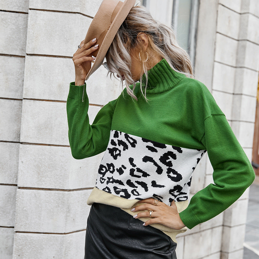 Women's Contrast Color Leopard Print Turtleneck Sweater