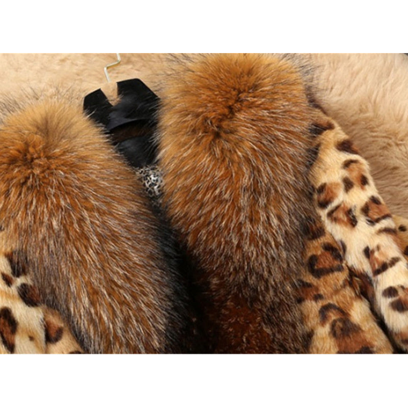Mid-length Leopard Print Raccoon Fur Collar Coat