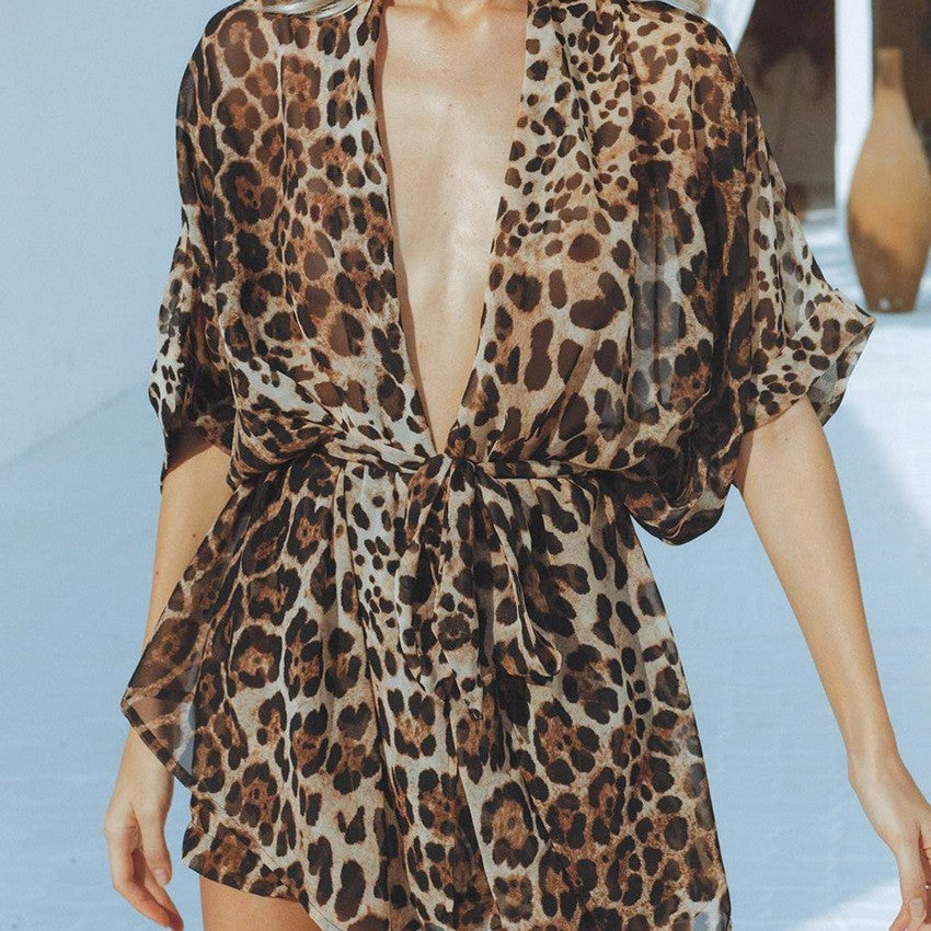 Atmungsaktiv Bequem Sexy Leopard Print Kurzärmelige Shorts Zweiteiliger Anzug Dünne Damen Schlafanzüge Sommer