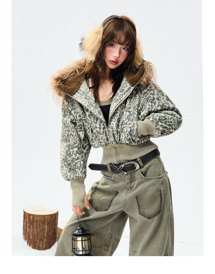 Thickened Slim-fit Short American-style Leopard Print Cotton Jacket