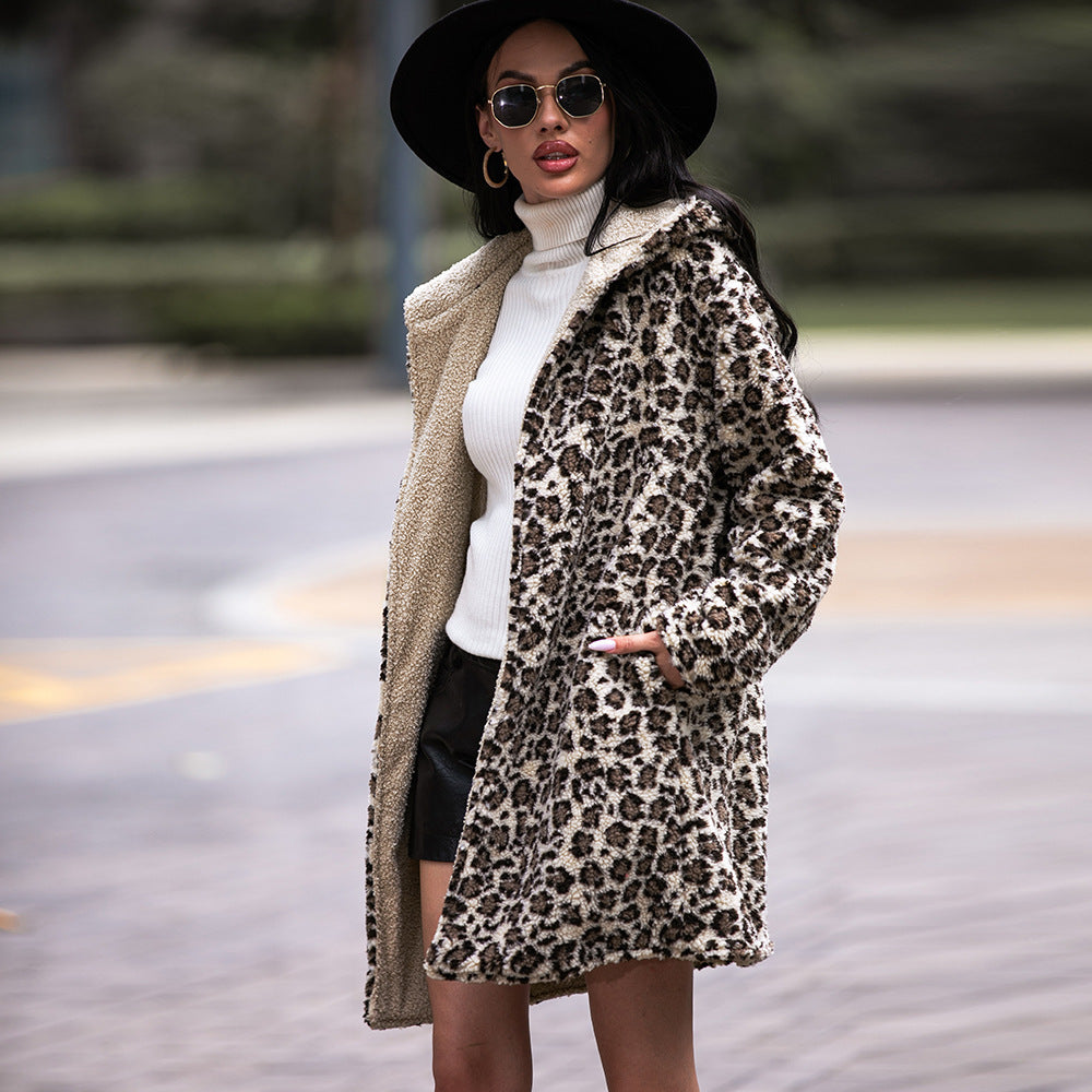 European And American Hooded Plush Top Leopard Fashion Brand Fleece Padded Coat