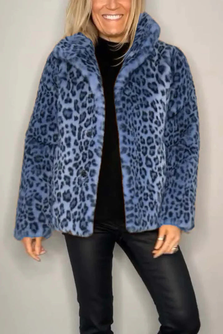 Winter New Warm Women's Fashionable Leopard Print Lapel Faux Leather Woolen Top