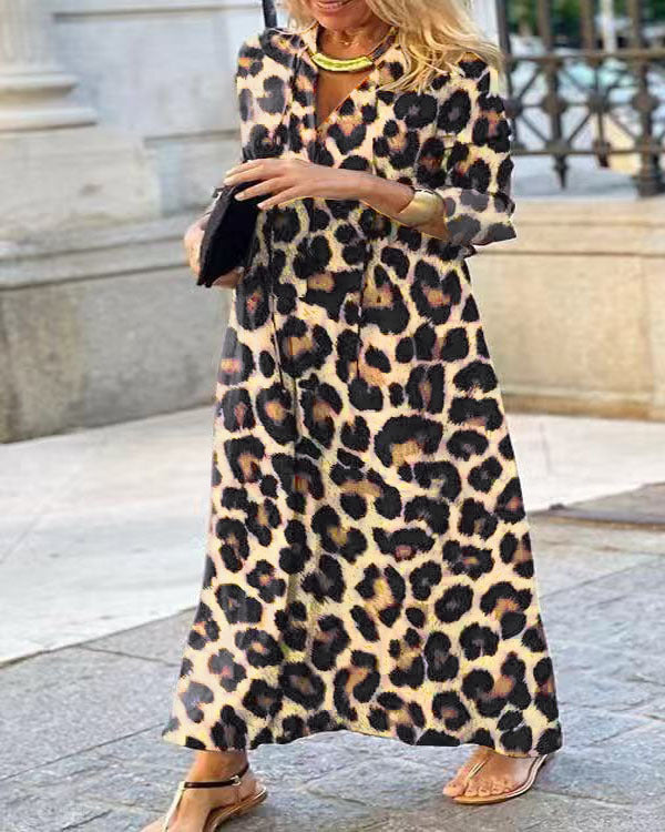 Leopard Print Leisure Pullover Elegant Long Sleeve Blouse Dress