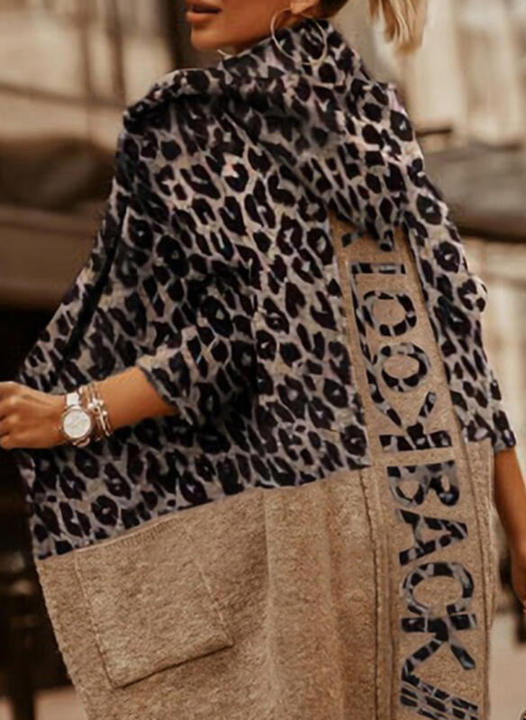 Women's Slouchy Style Loose Commuter Long Sleeve Leopard Woolen Coat