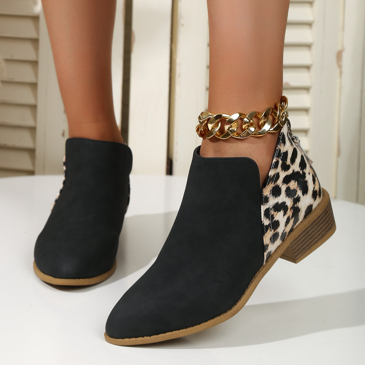 Mode Leopard Print Stiefel Frauen Pointed Toe Chunky Heel zurück Reißverschluss Schuhe
