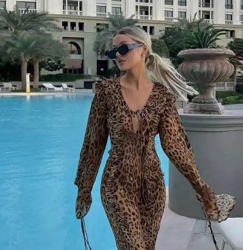 Leopard Print Dress Ruffled Front Slit Long Sleeve Skirt