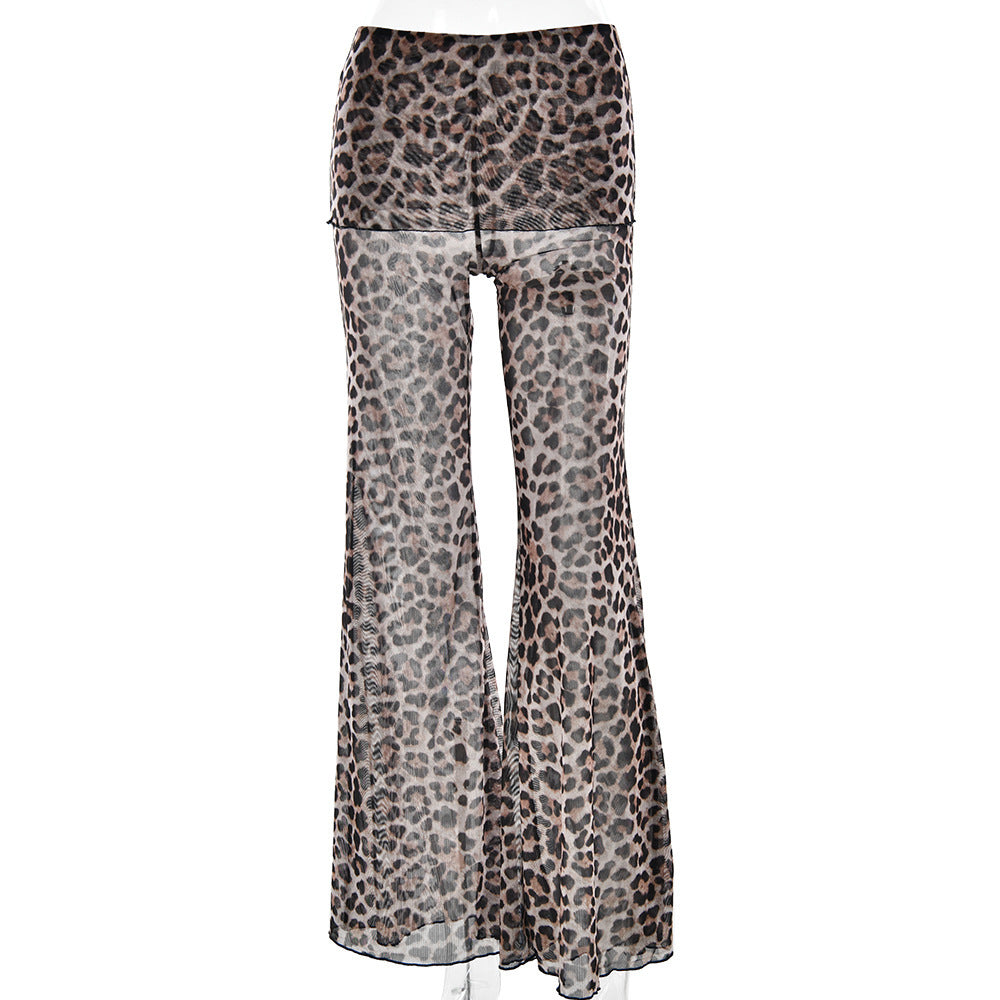 Leopard Print Mesh Floral Print Trousers