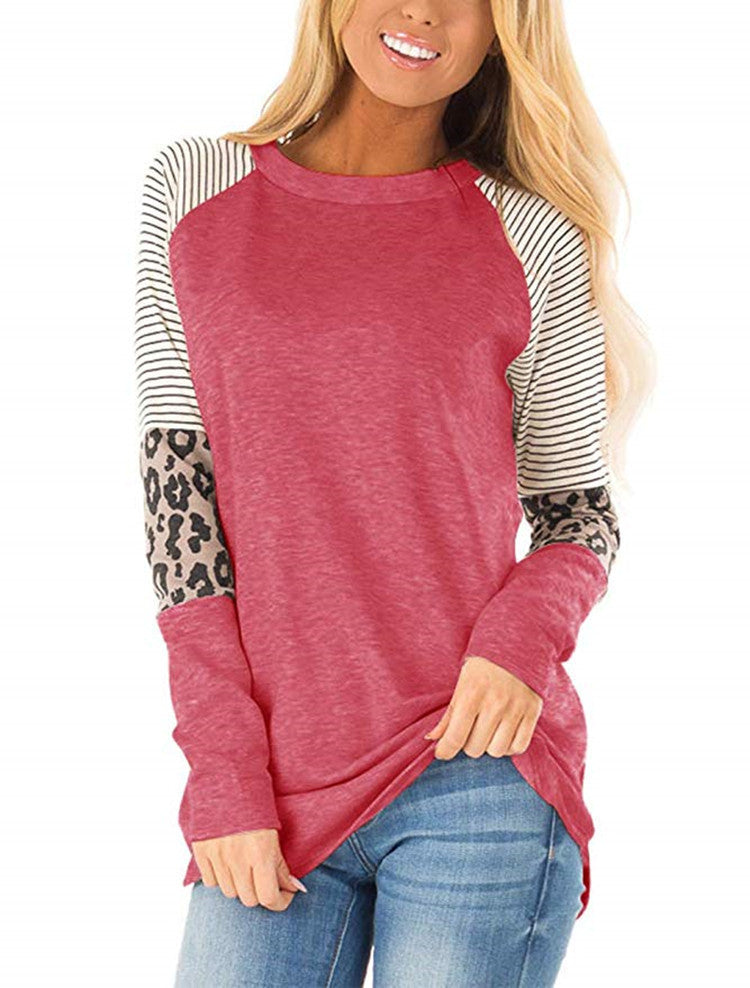 Langärmeliges Paneel Leopard style Lässiges T Shirt Top