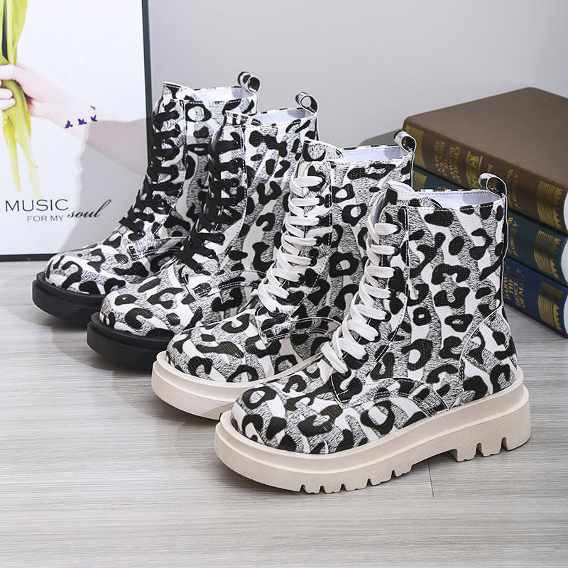 Frauen Martin Stiefel Schwarz Weiß Leopard Print Niedrig Heel Schuhe Cowgirl Stiefel