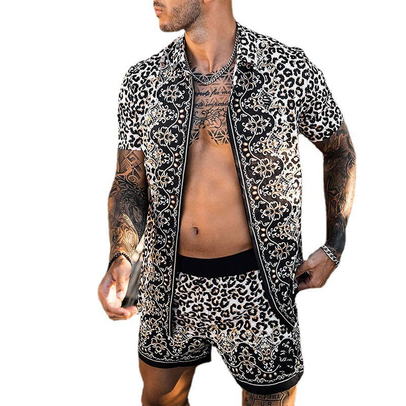 Herren Leopard Print Mode Kurzarm Shirt Strand