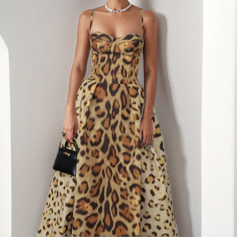 Sexy Hot Girl Leopard Print Backless Slimming Suspender Dress