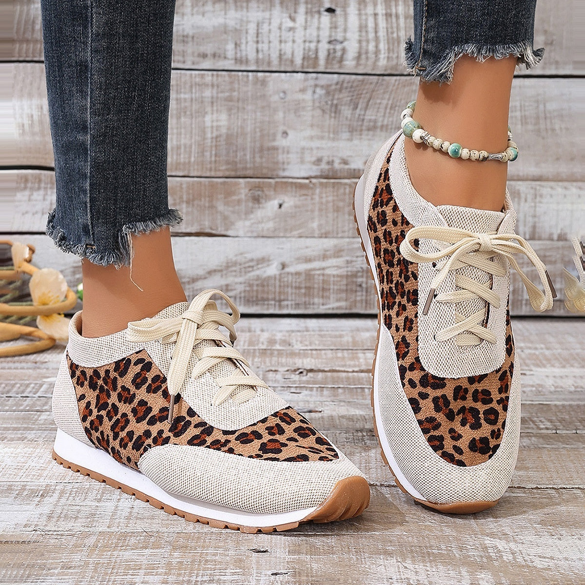 Flache Boden Leopard Print Lace Up Casual Sportschuhe