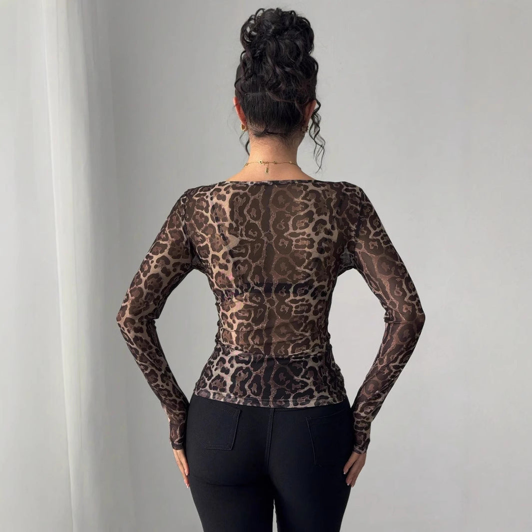 Transparentes Leopard style-Netz-T-Shirt mit Rundhalsausschnitt und langen Ärmeln