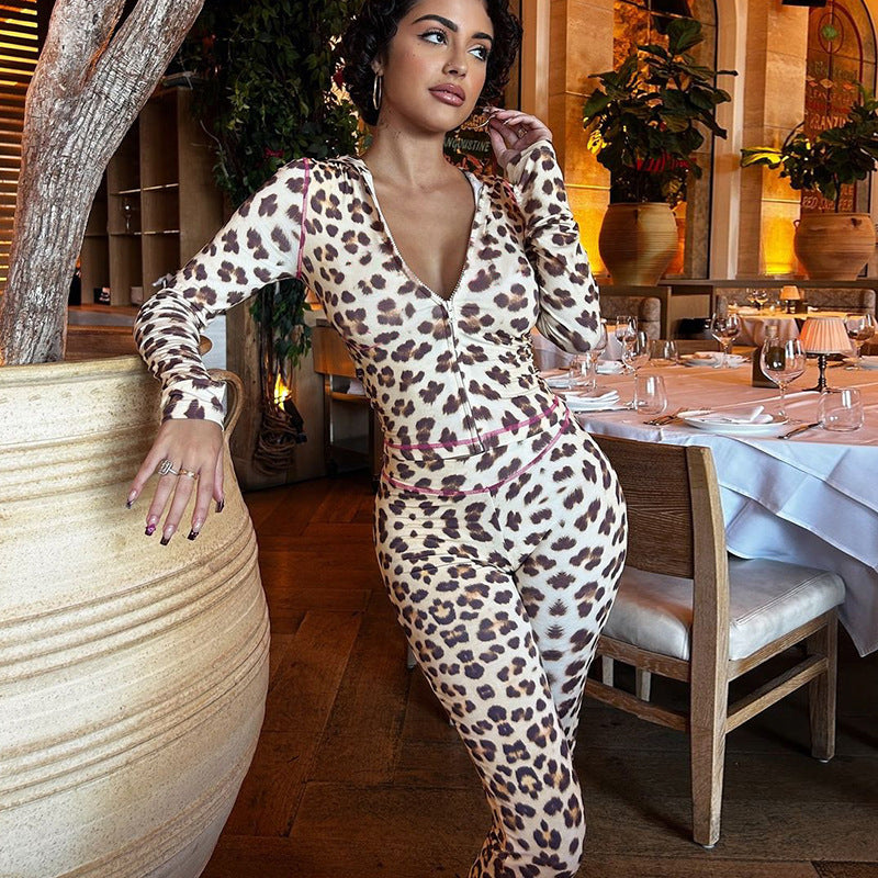 Top Leopard Print Hohe Taille Enge Hose Anzug Frauen
