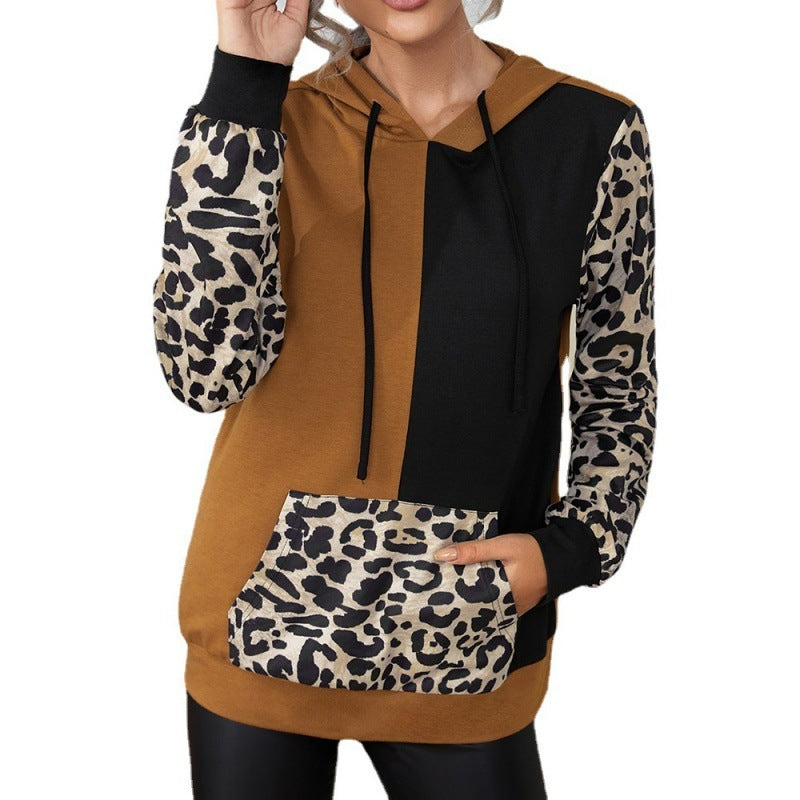 Casual Leopard Print Color Block Long Sleeve Round Neck Hoodie