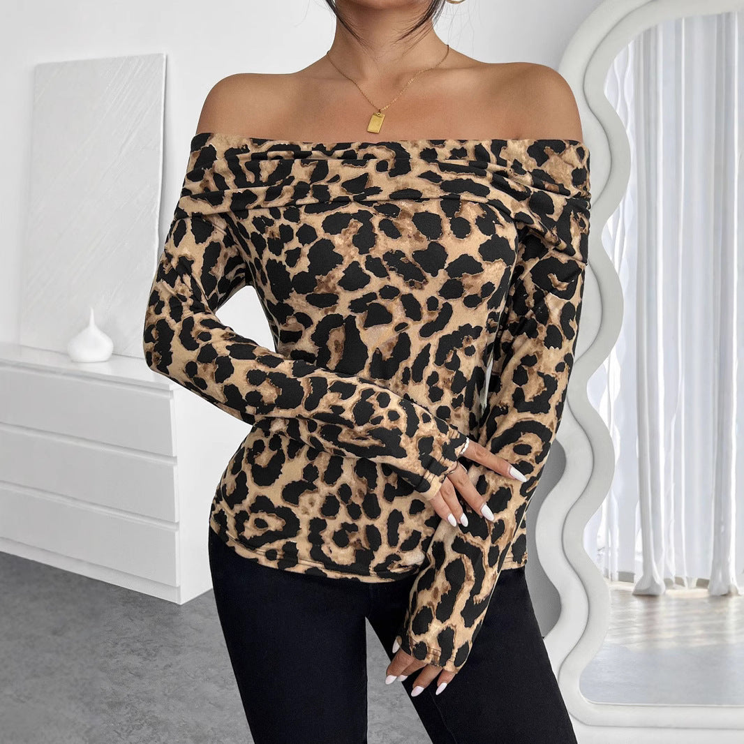 Ladies Sexy Leopard Print Off-shoulder Long Sleeve T-shirt for Her