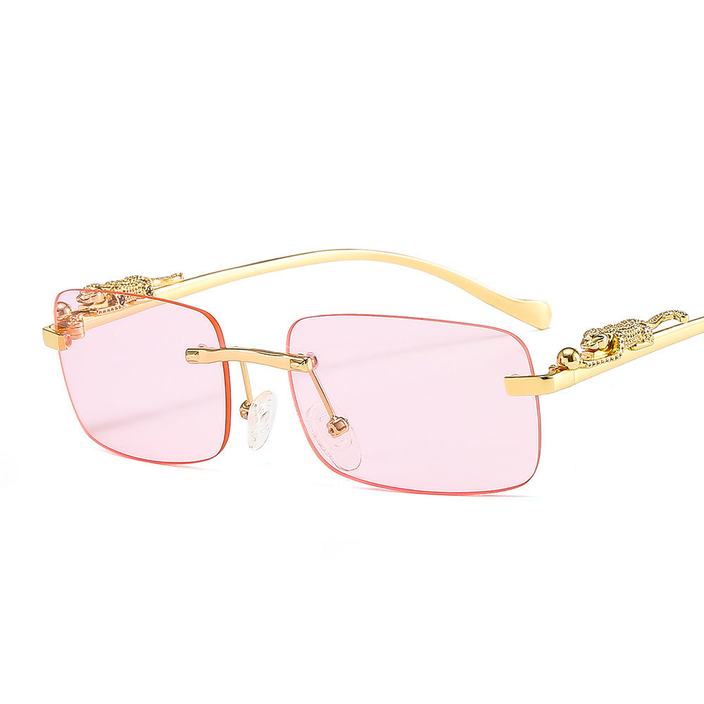 Rahmenlose quadratische Sonnenbrille Farbe Männer und Frauen Retro Leopard Kopf Metall Sonnenbrille