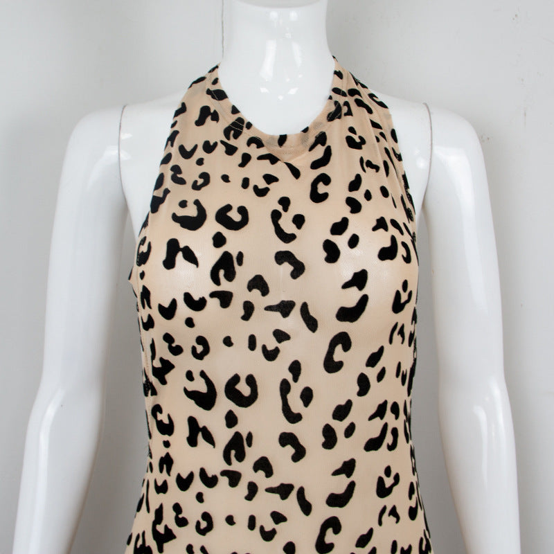 Sommer Neue Leopard Print Mesh Beflockung Perspektive Schlanker Ausschnitt Kleid