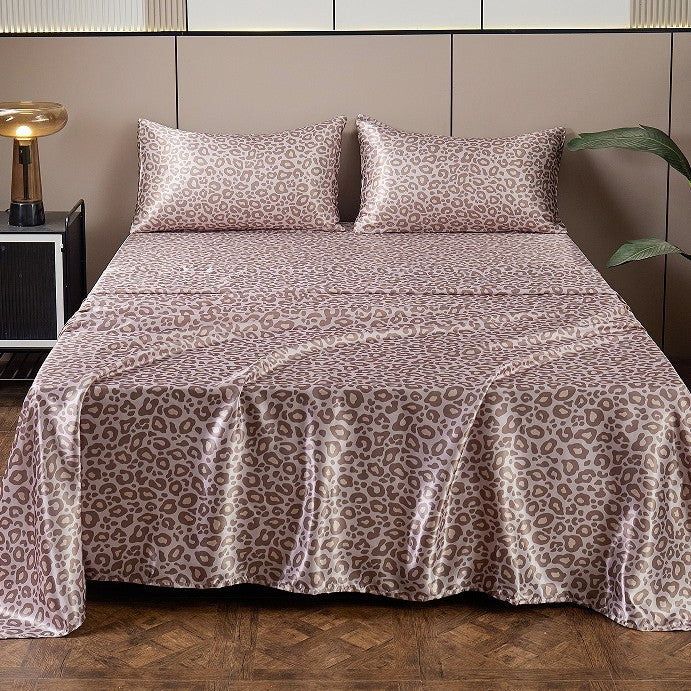 Satin Artificial Silk Printing Bed Sheet Fitted Sheet Pillowcase Digital Printing Silver Leopard Four-piece Set