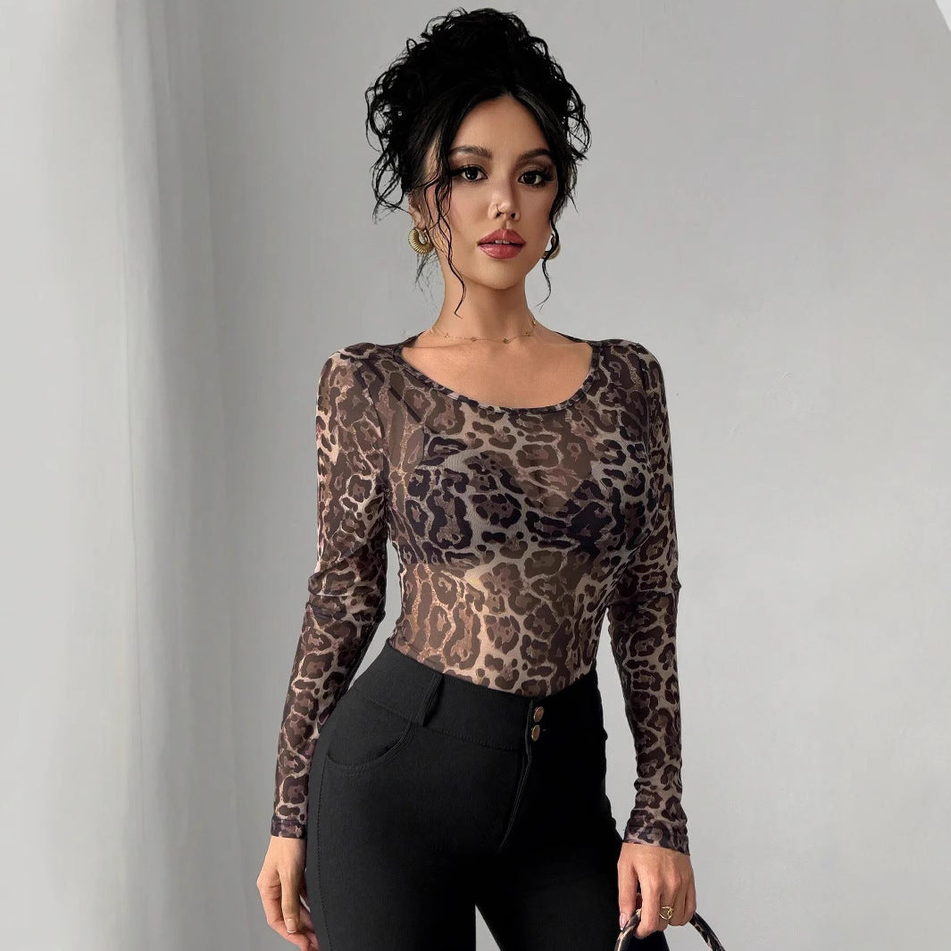 Transparentes Leopard style-Netz-T-Shirt mit Rundhalsausschnitt und langen Ärmeln
