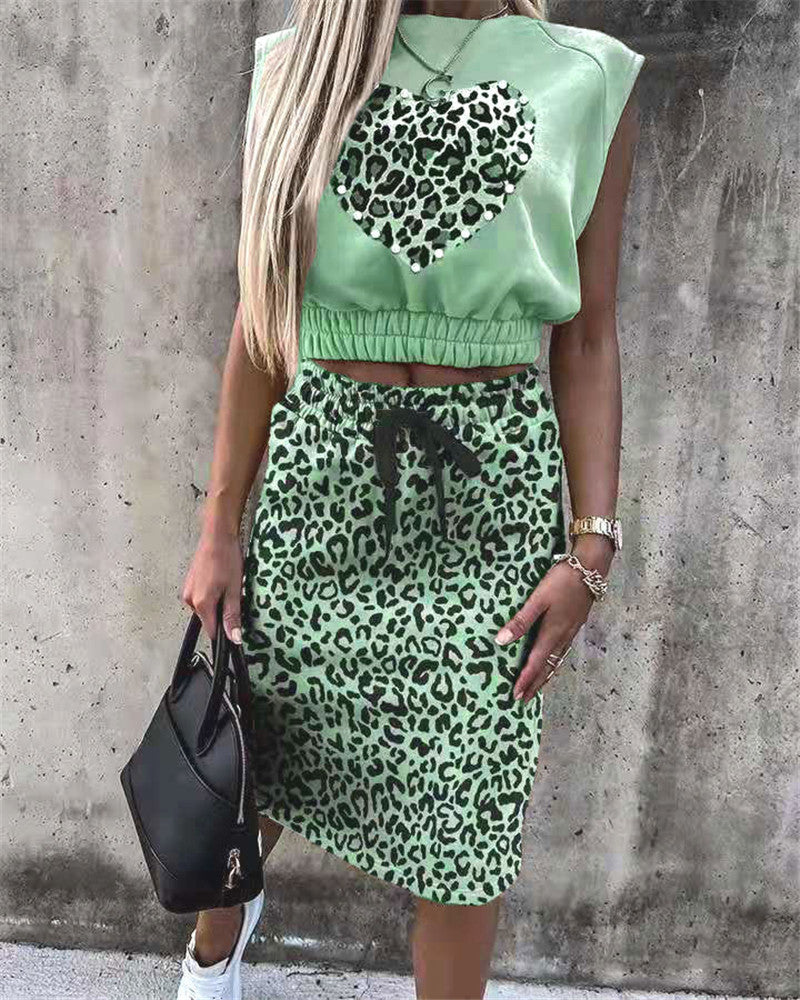 Leoparden Druck Ärmelloses Top Kleid Zweiteiliges T-Shirt