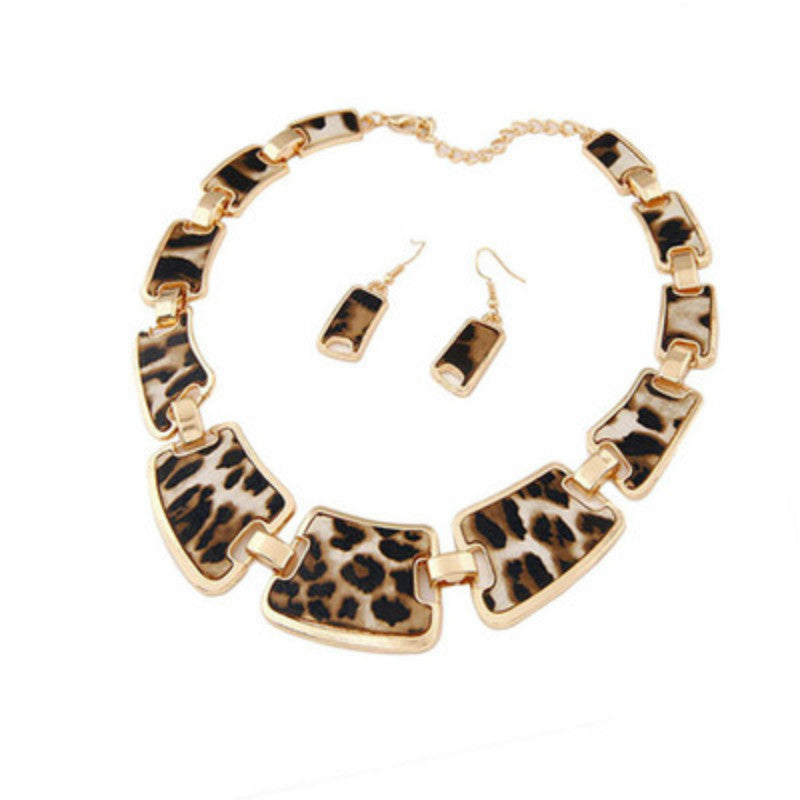Vintage Leopard Print Necklace Sweater Chain Earrings Suit