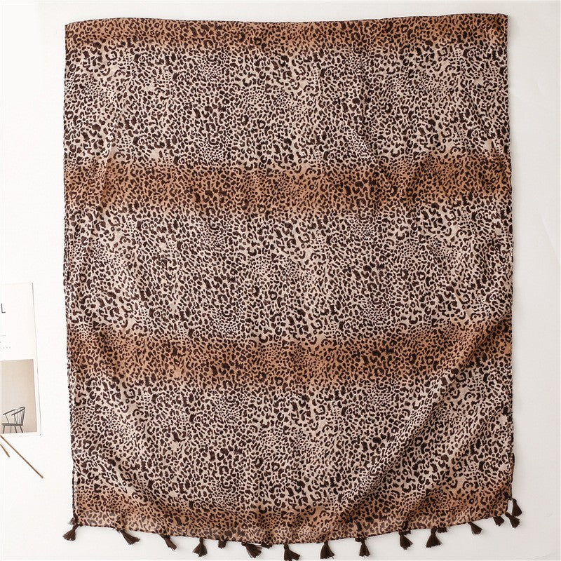 Mode große Leopard-Druck Persönlichkeit Voile Seidenschal Kaffee Farbe Farbverlauf handgefertigte Quaste Sun-proof